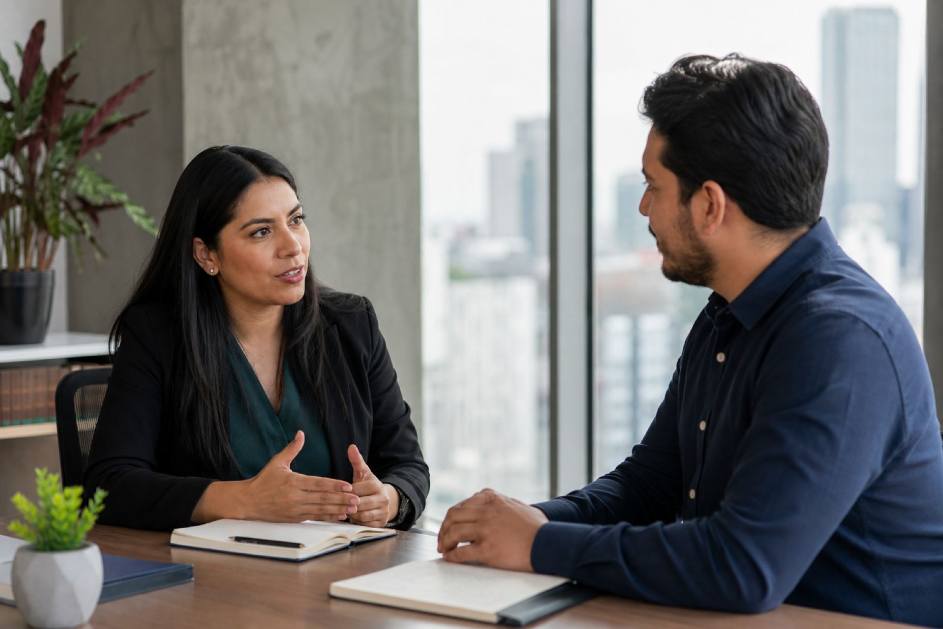 Consultora latina en reunión con un cliente en oficina